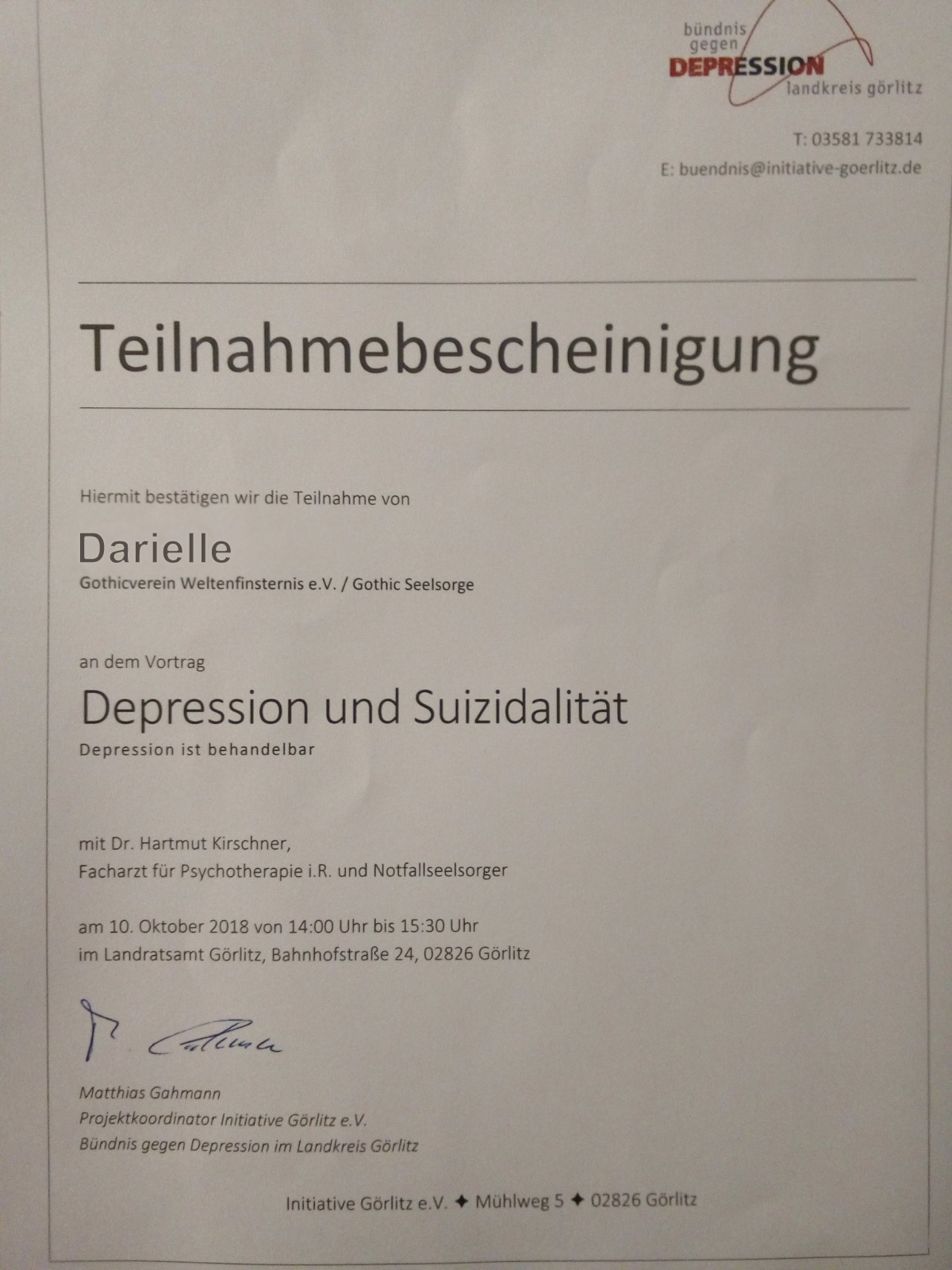 Teilnahmebescheinigung für Darielle beim Vortrag Depression und Suizidalität